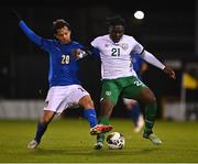 12 November 2021; Festy Ebosele of Republic of Ireland in action against Emanuel Vignato of Italy during the UEFA European U21 Championship qualifying group A match between Republic of Ireland and Italy at Tallaght Stadium in Dublin. Photo by Eóin Noonan/Sportsfile