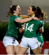 12 November 2021; Beibhinn Parsons of Ireland, centre, celebrates with team-mates Lauren Delany and Laura Sheehan, after scoring their side's first try during the Autumn Test Series match between Ireland and USA at RDS Arena in Dublin. Photo by Brendan Moran/Sportsfile
