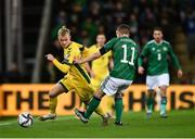 12 November 2021; Justas Lasickas of Lithuania in action against Shane Ferguson of Northern Ireland during the FIFA World Cup 2022 qualifying group C match between Northern Ireland and Lithuania at National Football Stadium, Windsor Park in Belfast. Photo by David Fitzgerald/Sportsfile