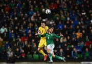 12 November 2021; Egidijus Vaitkunas of Lithuania in action against Conor Washington of Northern Ireland during the FIFA World Cup 2022 qualifying group C match between Northern Ireland and Lithuania at National Football Stadium, Windsor Park in Belfast. Photo by David Fitzgerald/Sportsfile