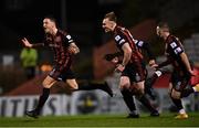 12 November 2021; Rob Cornwall, left, of Bohemians celebrates after scoring his side's third goal during the SSE Airtricity League Premier Division match between Bohemians and Shamrock Rovers at Dalymount Park in Dublin. Photo by Ramsey Cardy/Sportsfile