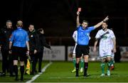 12 November 2021; Referee Paul McLaughlin shows a red card to Bohemians manager Keith Long, not pictured, during the SSE Airtricity League Premier Division match between Bohemians and Shamrock Rovers at Dalymount Park in Dublin. Photo by Seb Daly/Sportsfile