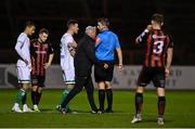 12 November 2021; Bohemians manager Keith Long, centre, leaves the field after being sent-off by referee Paul McLaughlin during the SSE Airtricity League Premier Division match between Bohemians and Shamrock Rovers at Dalymount Park in Dublin. Photo by Seb Daly/Sportsfile