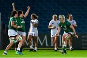 12 November 2021; Ireland players, from left, Hannah O'Connor, Katie O'Dwyer and Sam Monaghan celebrate at the final whistle of the Autumn Test Series match between Ireland and USA at RDS Arena in Dublin. Photo by Brendan Moran/Sportsfile