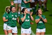 12 November 2021; Ireland players, from left, Nichola Fryday, Ciara Griffin and Maeve Óg O'Leary celebrate after Autumn Test Series match between Ireland and USA at RDS Arena in Dublin. Photo by Brendan Moran/Sportsfile