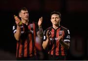 12 November 2021; Bohemians captain Keith Buckley, right, and team-mate Rob Cornwall after their side's victory in the SSE Airtricity League Premier Division match between Bohemians and Shamrock Rovers at Dalymount Park in Dublin. Photo by Seb Daly/Sportsfile