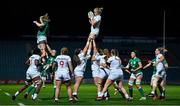 12 November 2021; Kristine Sommer of USA takes a lineout ahead of Sam Monaghan of Ireland during the Autumn Test Series match between Ireland and USA at RDS Arena in Dublin. Photo by Brendan Moran/Sportsfile