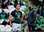 13 November 2021; Ireland head coach Andy Farrell speaks with James Lowe of Ireland before the Autumn Nations Series match between Ireland and New Zealand at Aviva Stadium in Dublin. Photo by Brendan Moran/Sportsfile