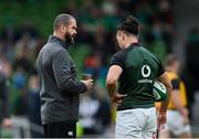 13 November 2021; Ireland head coach Andy Farrell speaks with James Lowe of Ireland before the Autumn Nations Series match between Ireland and New Zealand at Aviva Stadium in Dublin. Photo by Ramsey Cardy/Sportsfile