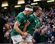13 November 2021; James Lowe of Ireland celebrates with Garry Ringrose, left, after scoring his side's first try during the Autumn Nations Series match between Ireland and New Zealand at Aviva Stadium in Dublin. Photo by Brendan Moran/Sportsfile