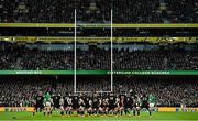 13 November 2021; New Zealand players perform the Haka before the Autumn Nations Series match between Ireland and New Zealand at Aviva Stadium in Dublin. Photo by Ramsey Cardy/Sportsfile