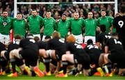 13 November 2021; Ireland players watch New Zealand perform the Haka before the Autumn Nations Series match between Ireland and New Zealand at Aviva Stadium in Dublin. Photo by Ramsey Cardy/Sportsfile
