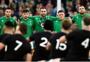 13 November 2021; Ireland players, from left, Conor Murray, Hugo Keenan, Jack Conan, Tadhg Furlong and Tadhg Beirne watch New Zealand players perform the Haka before the Autumn Nations Series match between Ireland and New Zealand at Aviva Stadium in Dublin. Photo by Ramsey Cardy/Sportsfile