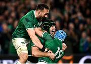 13 November 2021; Caelan Doris of Ireland celebrates after scoring his side's third try with Jack Conan, left, and Tadhg Beirne during the Autumn Nations Series match between Ireland and New Zealand at Aviva Stadium in Dublin. Photo by David Fitzgerald/Sportsfile