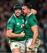 13 November 2021; Caelan Doris of Ireland celebrates after scoring his side's third try with Ronan Kelleher during the Autumn Nations Series match between Ireland and New Zealand at Aviva Stadium in Dublin. Photo by Ramsey Cardy/Sportsfile