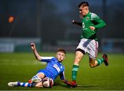 13 November 2021; Darragh Coyle of Finn Harps in action against Cian Spillane of Cork City during the U15 National League of Ireland Cup Final match between Cork City and Finn Harps at Athlone Town Stadium in Athlone, Westmeath. Photo by Eóin Noonan/Sportsfile