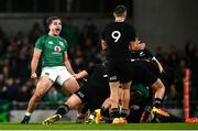 13 November 2021; James Lowe of Ireland celebrates a turnover during the Autumn Nations Series match between Ireland and New Zealand at Aviva Stadium in Dublin. Photo by David Fitzgerald/Sportsfile