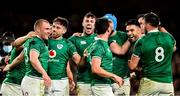 13 November 2021; Ireland players celebrate after their victory in the Autumn Nations Series match between Ireland and New Zealand at Aviva Stadium in Dublin. Photo by Brendan Moran/Sportsfile