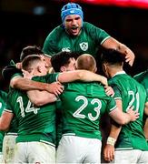 13 November 2021; Ireland players, including Tadhg Beirne, top, celebrate after their victory in the Autumn Nations Series match between Ireland and New Zealand at Aviva Stadium in Dublin. Photo by Brendan Moran/Sportsfile