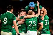 13 November 2021; Ireland players, including Tadhg Beirne, top, celebrate after their victory in the Autumn Nations Series match between Ireland and New Zealand at Aviva Stadium in Dublin. Photo by Brendan Moran/Sportsfile