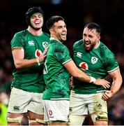 13 November 2021; Ireland players, from left, James Ryan, Conor Murray and Jack Conan celebrate after their side's victory in the Autumn Nations Series match between Ireland and New Zealand at Aviva Stadium in Dublin. Photo by Brendan Moran/Sportsfile