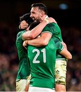 13 November 2021; Ireland players, from left, James Ryan, Conor Murray and Jack Conan celebrate after their side's victory in the Autumn Nations Series match between Ireland and New Zealand at Aviva Stadium in Dublin. Photo by Brendan Moran/Sportsfile