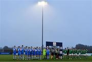13 November 2021; Both teams stand for the playing of Amhrán na bhFiann before the U15 National League of Ireland Cup Final match between Cork City and Finn Harps at Athlone Town Stadium in Athlone, Westmeath. Photo by Eóin Noonan/Sportsfile