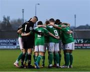 13 November 2021; Cork City players huddle before the U15 National League of Ireland Cup Final match between Cork City and Finn Harps at Athlone Town Stadium in Athlone, Westmeath. Photo by Eóin Noonan/Sportsfile