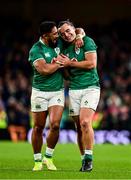 13 November 2021; Bundee Aki and James Lowe of Ireland after their side's victory in the Autumn Nations Series match between Ireland and New Zealand at Aviva Stadium in Dublin. Photo by Brendan Moran/Sportsfile