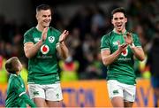 13 November 2021; Jonathan Sexton, left, and Joey Carbery of Ireland after their side's victory during the Autumn Nations Series match between Ireland and New Zealand at Aviva Stadium in Dublin. Photo by Ramsey Cardy/Sportsfile