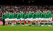 13 November 2021; Ireland players watch New Zealand perform the Haka before the Autumn Nations Series match between Ireland and New Zealand at Aviva Stadium in Dublin. Photo by Brendan Moran/Sportsfile