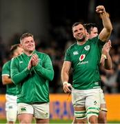 13 November 2021; Tadhg Furlong, left, and Tadhg Beirne of Ireland celebrate after their side's victory during the Autumn Nations Series match between Ireland and New Zealand at Aviva Stadium in Dublin. Photo by Ramsey Cardy/Sportsfile