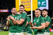 13 November 2021; Ireland players, from left, Jack Conan, Caelan Doris, Andrew Conway and Hugo Keenan after their side's victory during the Autumn Nations Series match between Ireland and New Zealand at Aviva Stadium in Dublin. Photo by Ramsey Cardy/Sportsfile