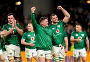 13 November 2021; Ireland players, from left, James Ryan, Tadhg Furlong and Tadhg Beirne celebrate after their side's victory during the Autumn Nations Series match between Ireland and New Zealand at Aviva Stadium in Dublin. Photo by Ramsey Cardy/Sportsfile