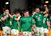 13 November 2021; Ireland players Tadhg Furlong, centre, and Tadhg Beirne, right, after their side's victory in the Autumn Nations Series match between Ireland and New Zealand at Aviva Stadium in Dublin. Photo by Ramsey Cardy/Sportsfile
