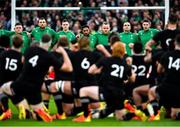 13 November 2021; Ireland players watch New Zealand perform the Haka before the Autumn Nations Series match between Ireland and New Zealand at Aviva Stadium in Dublin. Photo by Ramsey Cardy/Sportsfile