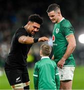 13 November 2021; Ardie Savea of New Zealand with Jonathan Sexton of Ireland and his son Luca after the Autumn Nations Series match between Ireland and New Zealand at Aviva Stadium in Dublin. Photo by Ramsey Cardy/Sportsfile