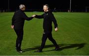 13 November 2021; Peamount United manager James O'Callaghan, right, and Galway manager Stephen Lally bump fists before the SSE Airtricity Women's National League match between Peamount United and Galway WFC at PLR Park in Greenogue, Dublin. Photo by Sam Barnes/Sportsfile