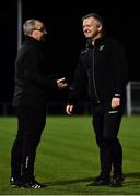 13 November 2021; Peamount United manager James O'Callaghan, right, and Galway manager Stephen Lally in conversation before the SSE Airtricity Women's National League match between Peamount United and Galway WFC at PLR Park in Greenogue, Dublin. Photo by Sam Barnes/Sportsfile