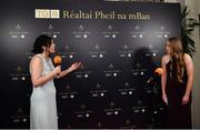 13 November 2021; Carlow player Clíodhna Ní Shé, right, is interviewed by Máire Ní Bhraonáin before the TG4 Ladies Football All Stars Awards banquet, in association with Lidl, at the Bonnington Hotel, Dublin.  Photo by Harry Murphy/Sportsfile
