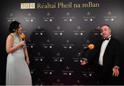 13 November 2021; Meath manager Eamonn Murray is interviewed by Máire Ní Bhraonáin before the TG4 Ladies Football All Stars Awards banquet, in association with Lidl, at the Bonnington Hotel, Dublin.  Photo by Harry Murphy/Sportsfile