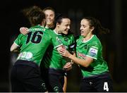 13 November 2021; Aine O'Gorman of Peamount United, centre, celebrates with team-mates including Karen Duggan, left, and Dora Gorman after scoring her side's first goal during the SSE Airtricity Women's National League match between Peamount United and Galway WFC at PLR Park in Greenogue, Dublin. Photo by Sam Barnes/Sportsfile