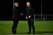 13 November 2021; Peamount United manager James O'Callaghan, right, and Galway manager Stephen Lally in conversation before the SSE Airtricity Women's National League match between Peamount United and Galway WFC at PLR Park in Greenogue, Dublin. Photo by Sam Barnes/Sportsfile