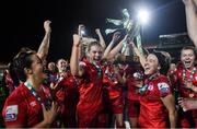 13 November 2021; Shelbourne players lift the SSE Airtricity Women's National League trophy after the SSE Airtricity Women's National League match between Shelbourne and Wexford Youths at Tolka Park in Dublin. Photo by Eóin Noonan/Sportsfile