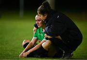 13 November 2021; Dora Gorman of Peamount United is consoled by a team-mate after her side's defeat in the SSE Airtricity Women's National League match between Peamount United and Galway WFC at PLR Park in Greenogue, Dublin. Photo by Sam Barnes/Sportsfile