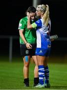 13 November 2021; Tiegan Ruddy of Peamount United, left, is consoled by Savannah McCarthy of Galway after her side's defeat in the SSE Airtricity Women's National League match between Peamount United and Galway WFC at PLR Park in Greenogue, Dublin. Lauryn O'Callaghan of Peamount United  Photo by Sam Barnes/Sportsfile