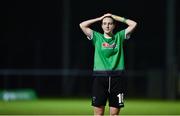 13 November 2021; Karen Duggan of Peamount United dejected after her side's defeat in the SSE Airtricity Women's National League match between Peamount United and Galway WFC at PLR Park in Greenogue, Dublin. Lauryn O'Callaghan of Peamount United  Photo by Sam Barnes/Sportsfile