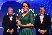 13 November 2021; Geradline McLaughlin of Donegal with her TG4 LGFA Allstar award, in the company of Ard Stiúrthóir TG4 Alan Esslemont, left, and President of the LGFA Mícheál Naughton during the TG4 Ladies Football All Stars Awards banquet, in association with Lidl, at the Bonnington Hotel, Dublin. Photo by Brendan Moran/Sportsfile