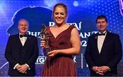 13 November 2021; Monica McGuirk of Meath with her TG4 LGFA Allstar award, in the company of Ard Stiúrthóir TG4 Alan Esslemont, left, and President of the LGFA Mícheál Naughton during the TG4 Ladies Football All Stars Awards banquet, in association with Lidl, at the Bonnington Hotel, Dublin. Photo by Brendan Moran/Sportsfile