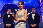 13 November 2021; Mary Kate Lynch of Meath with her TG4 LGFA Allstar award, in the company of Ard Stiúrthóir TG4 Alan Esslemont, left, and President of the LGFA Mícheál Naughton during the TG4 Ladies Football All Stars Awards banquet, in association with Lidl, at the Bonnington Hotel, Dublin. Photo by Brendan Moran/Sportsfile